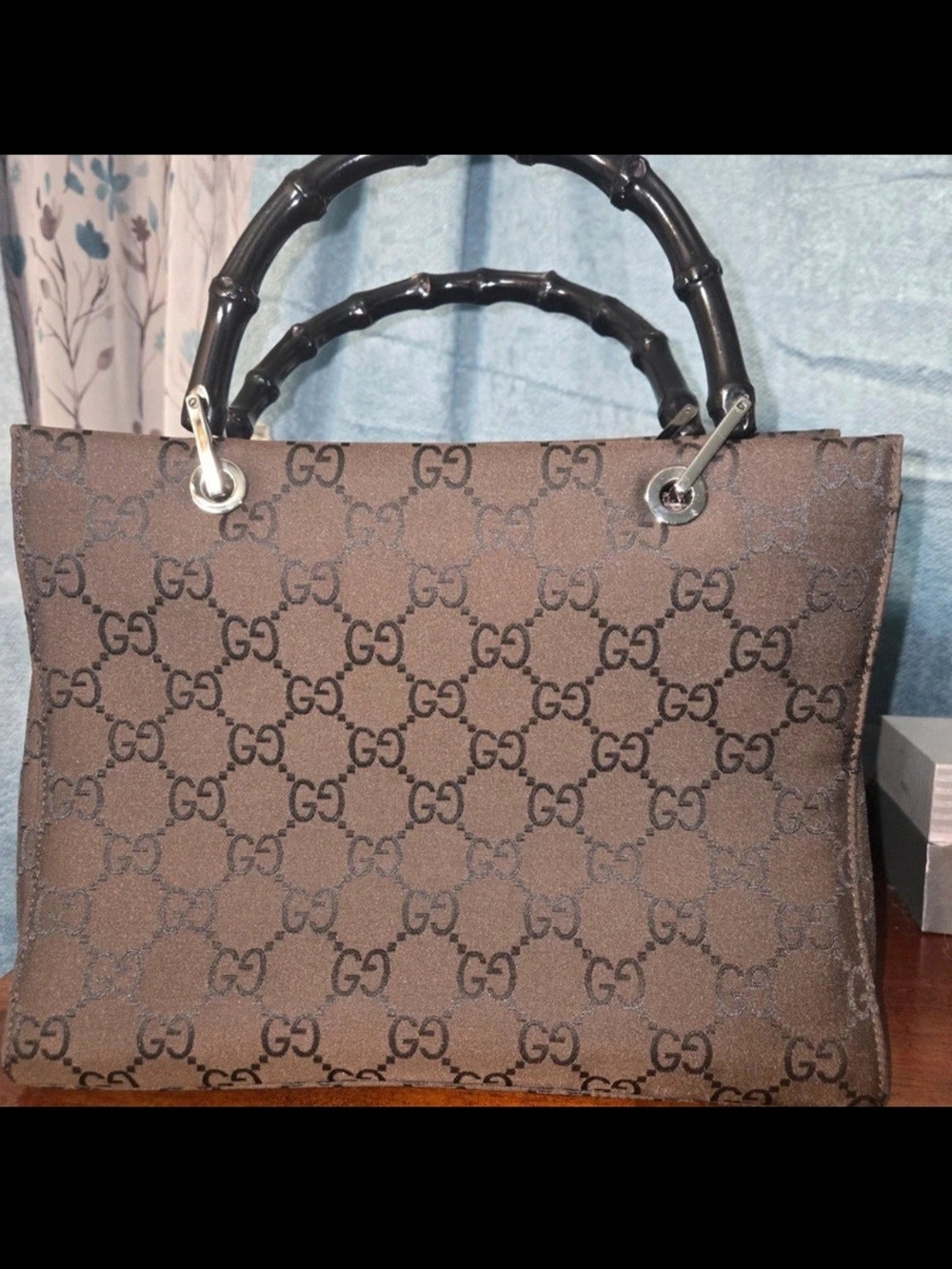 Authentic Gucci GG Canvas 2way Tote bag with Black Bamboo Handles Crossbody